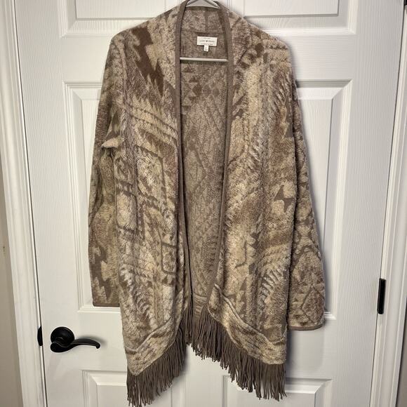 Lucky Brand Women’s L Cardigan Sweater Fringe Hem Aztec Boho Tan/Beige - Picture 3 of 9